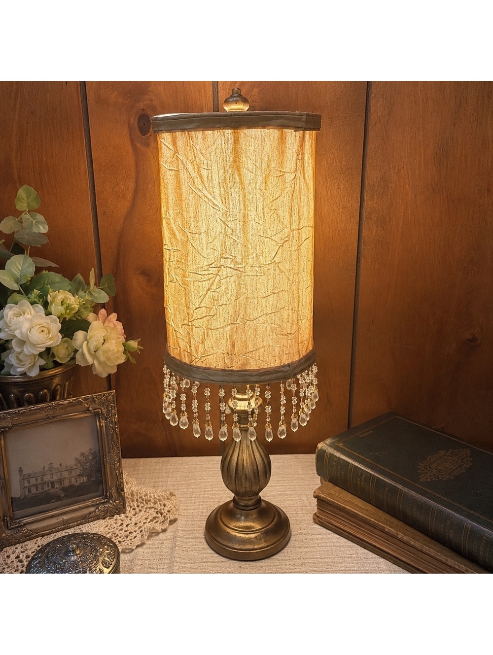 Vintage Gold Silk Bell Lamp Shade With Beaded Crystal Fringe 7 Inch